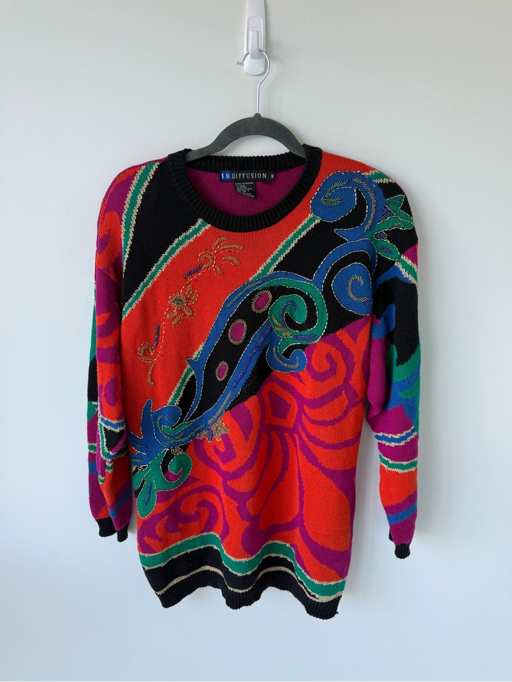 Multicolor Abstract Pattern Knit Sweater - Red/Black - Picture 3 of 6